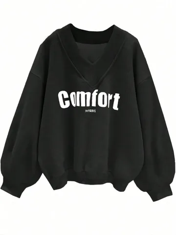 Women's Casual V-Neck Sweatshirt Loose Letter Print Pullover Long Sleeve Cotton Blend Streetwear Fashion Top