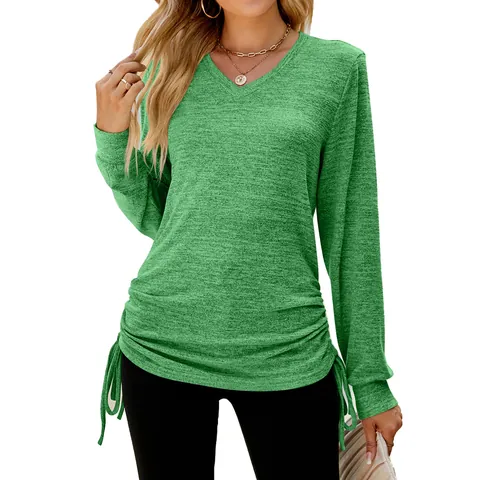 Damen Casual V-Ausschnitt Langarm T-Shirt Lose Einfarbig Pullover Top Mit Seitlichem Kordelzug Geraffte Details Herbst Mode