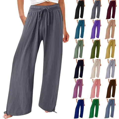 Damen Hohe Taille Weites Bein Hose Einfarbig Plissee Elastischer Kordelzug Strandurlaub Freizeit Lose Lange Hose