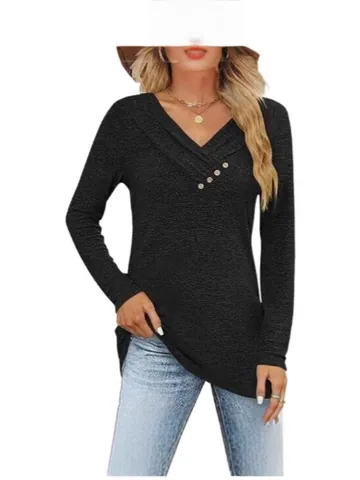 Top da Donna Casual in Poliestere con Scollo a V Incrociato Manica Lunga Dettaglio Bottoni Tinta Unita T-shirt Slim Fit Moda
