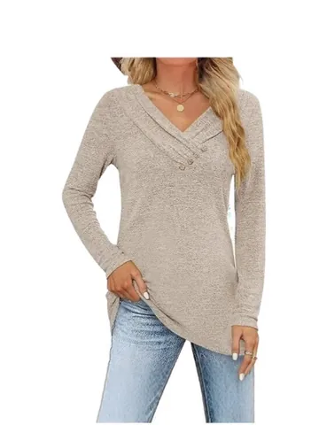 Top da Donna Casual in Poliestere con Scollo a V Incrociato Manica Lunga Dettaglio Bottoni Tinta Unita T-shirt Slim Fit Moda