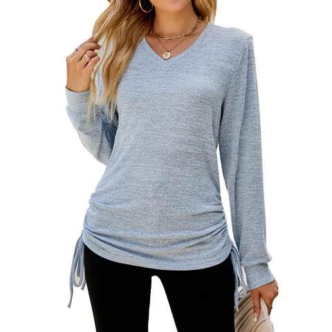 Damen Casual V-Ausschnitt Langarm T-Shirt Lose Einfarbig Pullover Top Mit Seitlichem Kordelzug Geraffte Details Herbst Mode
