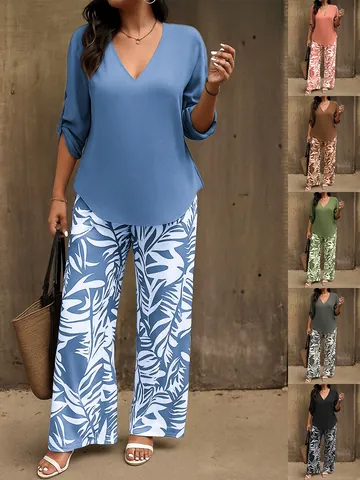 Ensemble Deux Pièces Décontracté pour Femmes en Polyester Haut à Manches Longues Col en V et Pantalon Large Imprimé Tropical