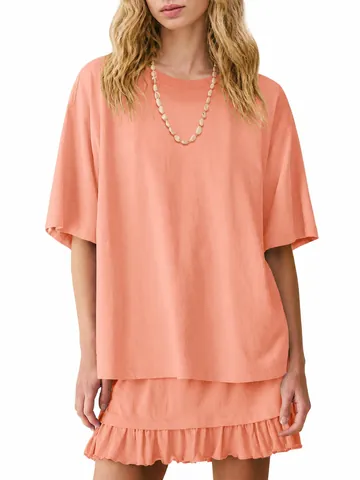 Women Casual Polyester Top And Bottom Loose Short Sleeve Shirt And Ruffle Hem Skirt Summer Streetwear Loungewear