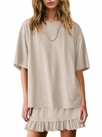 Women Casual Polyester Top And Bottom Loose Short Sleeve Shirt And Ruffle Hem Skirt Summer Streetwear Loungewear