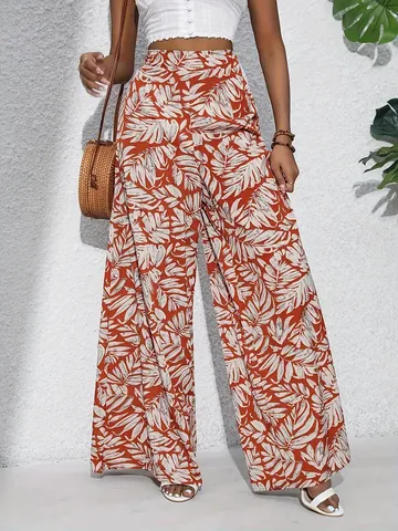Women High Waist Tropical Leaf Print Wide Leg Pants Summer Casual Bohemian Vacation Beach Breathable Long Trousers Bottom