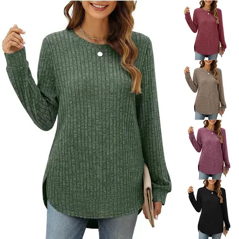 Damen Casual Geripptes Langarm Oberteil Rundhals Lockere Passform High-Low Geschwungener Saum Polyester Strickhemd