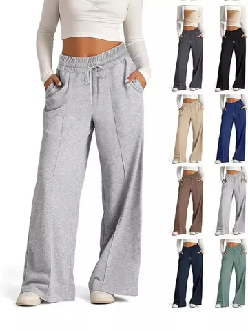 Dames Casual Wijde Pijpen Trainingsbroek Effen Kleur Hoge Taille Elastisch Trekkoord Losse Rechte Lounge Onderkant Met Zakken