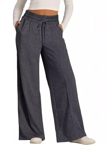 Dames Casual Wijde Pijpen Trainingsbroek Effen Kleur Hoge Taille Elastisch Trekkoord Losse Rechte Lounge Onderkant Met Zakken