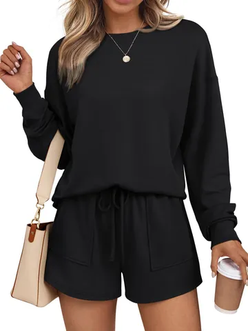 Ensemble 2 Pièces Décontracté Top And Bottom Pour Femmes Sweat-Shirt À Manches Longues Col Rond Avec Short À Cordon De Serrage Poche Couleur Unie Survêtement Streetwear