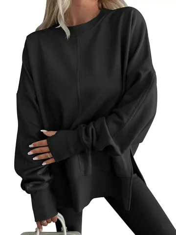 Women Oversized Batwing Sleeve Sweatshirt Round Neck Side Slit Seam Detail Casual Pullover Top Polyester Clothing