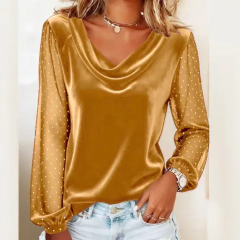 Women Elegant Polyester V Neck T-Shirt Mesh Stitching Rhinestone Long Sleeve Top Solid Color Casual Slim Fit T-Shirt