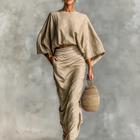 Elegant Women Polyester Skirt Set Round Neck Batwing Long Sleeve Loose Top High Waist Pleated Maxi Skirt Commute Outfit
