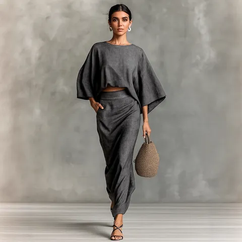 Elegant Women Polyester Skirt Set Round Neck Batwing Long Sleeve Loose Top High Waist Pleated Maxi Skirt Commute Outfit