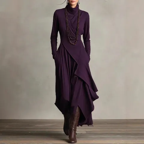 Women Elegant High Neck Long Sleeve Maxi Dress Cross Wrap Irregular Hem Solid Color Polyester Spliced Commuter Long Dress