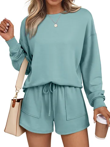Ensemble 2 Pièces Décontracté Top And Bottom Pour Femmes Sweat-Shirt À Manches Longues Col Rond Avec Short À Cordon De Serrage Poche Couleur Unie Survêtement Streetwear