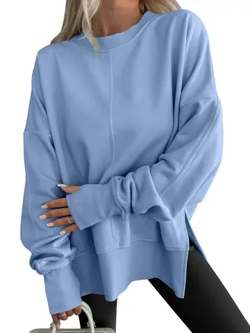 Women Oversized Batwing Sleeve Sweatshirt Round Neck Side Slit Seam Detail Casual Pullover Top Polyester Clothing