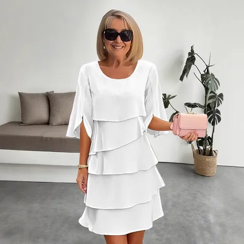 Dames Zomer Ronde Hals Gelaagde Splitsen Jurk Casual Effen Kleur Gelaagde Rok Gespleten Klokmouw Midi Jurk