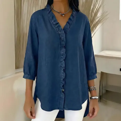 Camisa Casual con Cuello en V y Adorno de Volantes para Mujer Top de Poliéster Look Denim Manga 3/4 Dobladillo Irregular