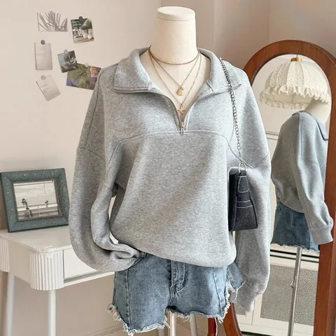 Felpa da Donna Casual in Poliestere con Mezza Cerniera Vestibilità Larga Manica Lunga Colletto a Revers Pullover Tinta Unita Felpa Invernale Base