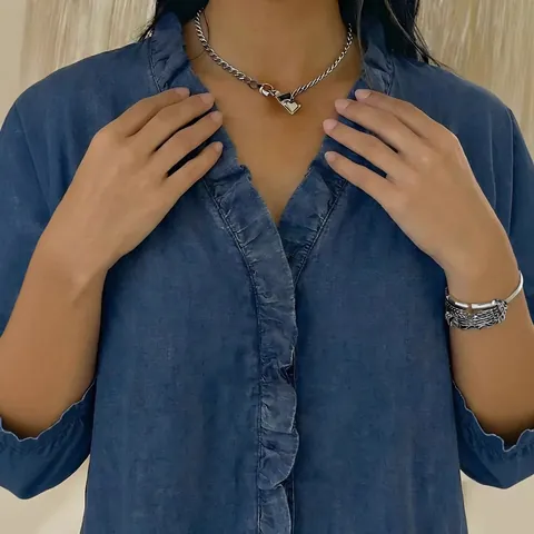 Camisa Casual con Cuello en V y Adorno de Volantes para Mujer Top de Poliéster Look Denim Manga 3/4 Dobladillo Irregular