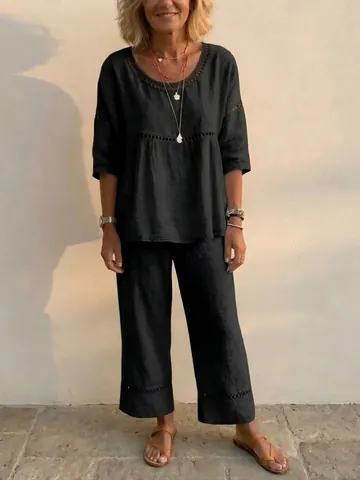 Women Casual Linen Top And Bottom Round Neck Hollow Out Top And Wide Leg Pants Solid Color Breathable Summer Clothes