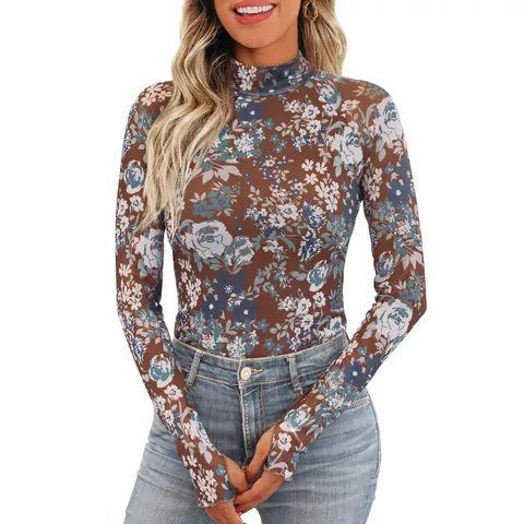 Top de Manga Larga de Malla Floral para Mujer Cuello Redondo Corte Ajustado Camiseta de Malla Con Agujeros para el Pulgar