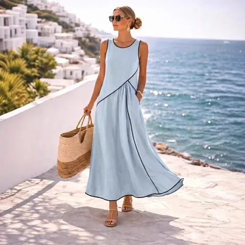 Robe Longue Femme Style Vacances Méditerranéen Bordure Contrastée Sans Manches Ligne A Polyester Plage Décontracté