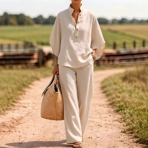 Women Casual Linen Blend Top And Bottom Set Button Up Shirt And Wide Leg Pants Comfort Fashion Spring Summer Outfit