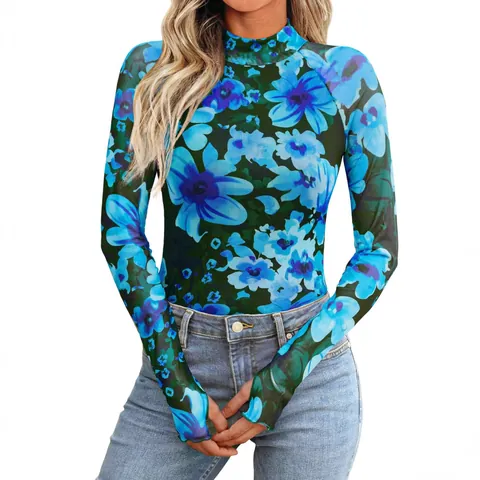 Top de Manga Larga de Malla Floral para Mujer Cuello Redondo Corte Ajustado Camiseta de Malla Con Agujeros para el Pulgar