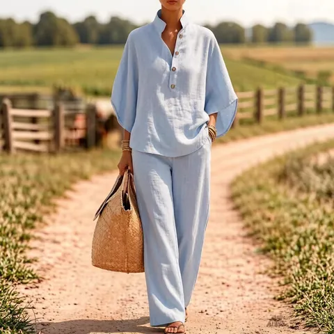 Women Casual Linen Blend Top And Bottom Set Button Up Shirt And Wide Leg Pants Comfort Fashion Spring Summer Outfit