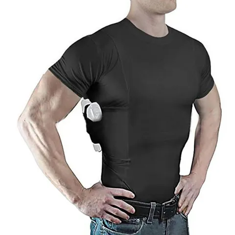 Men Women Tactical T-Shirt Hidden Holster Concealed Carry High Elastic Crew Neck Short Sleeve Undershirt Slim Fit Athletic Top