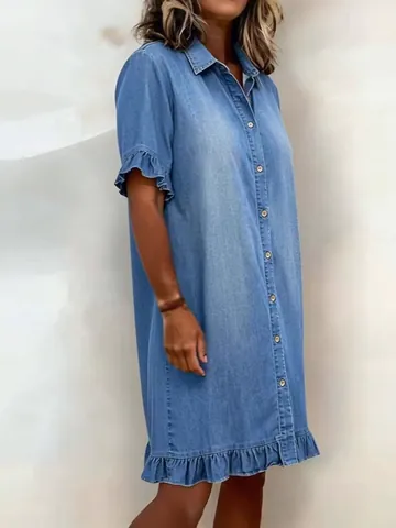 Women Casual Denim Look Shirt Dress Ruffle Trim Short Sleeve Button Down Loose Fit Polyester Solid Color Summer Mini Dress