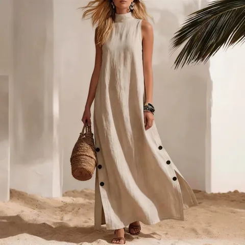 Women's Casual Cotton Linen Sleeveless Maxi Dress Solid Color Side Split Button Decor Beach Vacation A-Line Dress