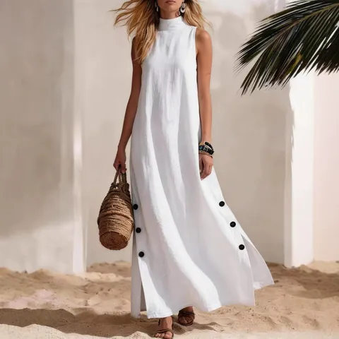 Women's Casual Cotton Linen Sleeveless Maxi Dress Solid Color Side Split Button Decor Beach Vacation A-Line Dress