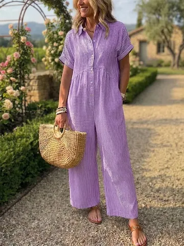 Tuta da Donna a Righe a Maniche Corte Con Colletto a Rever e Bottoni Gambα Larga Romper Estate Vacanze Mare Poliestere