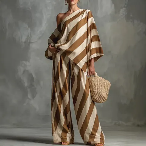 Damen Casual Vintage Gestreifter Druck Asymmetrisches One-Shoulder-Oberteil Und Weite Beinhose Top Und Bottom Sommer Resort Kleidung