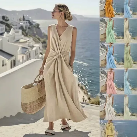 Women Casual V Neck Sleeveless Maxi Dress Polyester Solid Color Twist Knot Detail Pocket Summer Elegant Vacation Dress