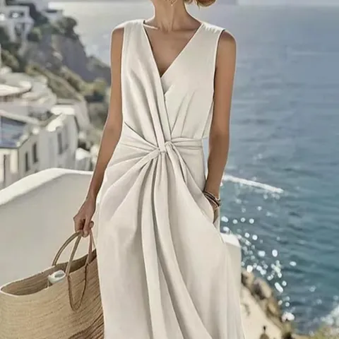 Women Casual V Neck Sleeveless Maxi Dress Polyester Solid Color Twist Knot Detail Pocket Summer Elegant Vacation Dress