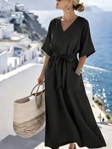 Damen Casual V-Ausschnitt Kurzarm Urlaub Strand Langes Kleid Mit Tunnelzug Taille Und Taschen Einfarbig Polyester Sommer Maxi Kleid