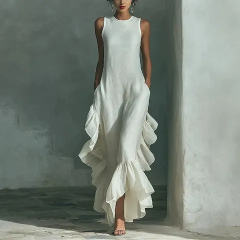 Women Elegant Ruffle Hem Maxi Dress Sleeveless Round Neck Solid Color Polyester Spandex Slim Fit Fashion Long Dresses For Party Vacation