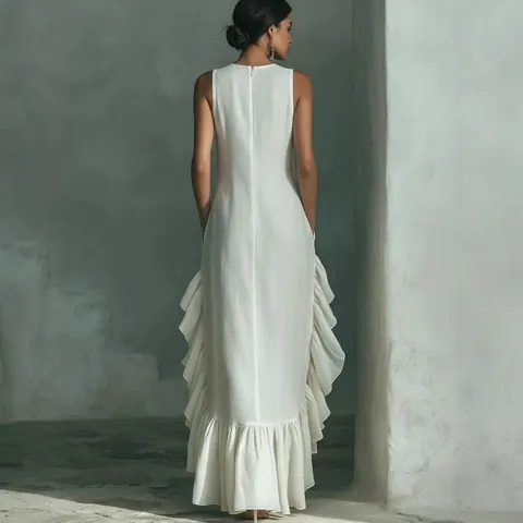 Women Elegant Ruffle Hem Maxi Dress Sleeveless Round Neck Solid Color Polyester Spandex Slim Fit Fashion Long Dresses For Party Vacation