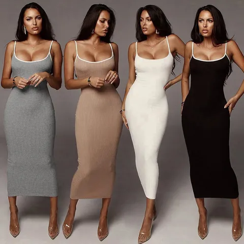 Women's Casual Ribbed Knit Maxi Dress Elegant Sleeveless Backless Contrast Trim Pencil Dress Summer Commuter Long Dress