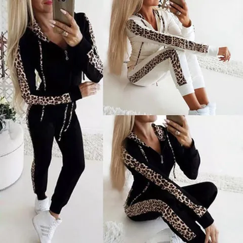 Women's Casual Leopard Print Patchwork Hoodie and Pants Set Long Sleeve Zipper Sportswear Tracksuit Top And Bottom
