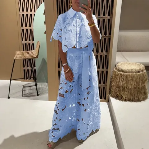 Women Top And Bottom Hollow Out Floral Lace Embroidery Cardigan And Wide Leg Pants Elegant Vacation Outfits Polyester Solid Color