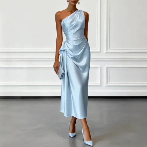 Women Elegant One Shoulder Satin Evening Gown Ruched Slim Fit Sleeveless Solid Color Maxi Dress For Banquet Party Top And Bottom