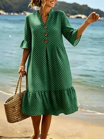 Women's Bohemian Polka Dot V Neck Ruffle Sleeve Dress Summer Beach Vacation Casual A Line Patchwork Dress For Women