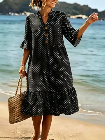 Women's Bohemian Polka Dot V Neck Ruffle Sleeve Dress Summer Beach Vacation Casual A Line Patchwork Dress For Women