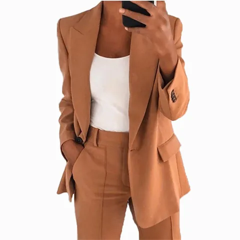 Dames Slim Fit OL Woon-werkverkeer Blazer Broek Set Lange Mouw Revers Patchwork Enkele Knoop Kantoor Lady Business Casual Polyester Pak