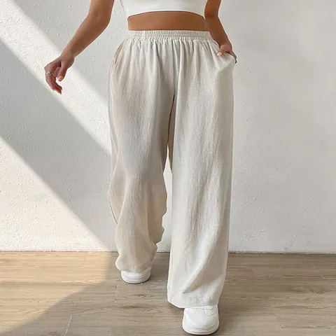 Women Cotton Linen Blend Wide Leg Pants Casual Straight Long Trousers High Waist Loose Lounge Bottoms With Pockets